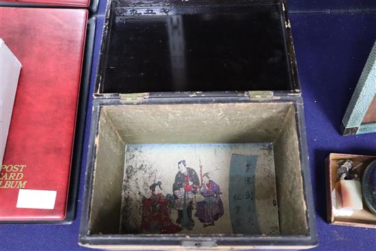 A Japanese lacquer box, width 25cm, a cloisonne lidded box and a hardstone seal